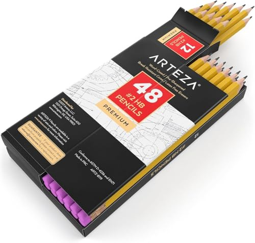 ARTEZA HB Pencils #2, Pack of 48 – Pre-Sharpened Wood-Cased Graphite with Latex-Free Erasers, School & Office Bulk Writing Tools