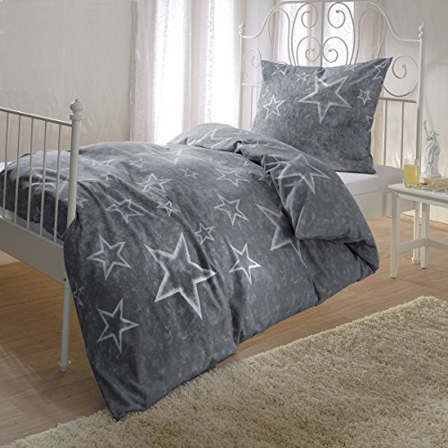 G BETTWARENSHOP Biber Bettwäsche Sterne anthrazit – warme Winterbettwäsche aus 100% Baumwolle – flauschig weich & atmungsaktiv – Kuschelbettwäsche mit Reißverschluss – 155x200 cm + 80x80 cm