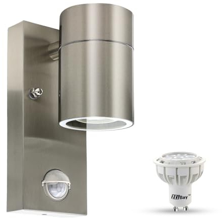 HiBay 1x Motion Sensor Outdoor Wall Lights, PIR Garden Porch Wall Light | Mains Powered, IP44, Stainless Steel Security Lighting with 7W LED Cool White Bulb
