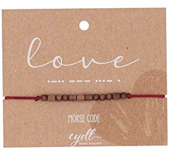 Eydl Wood Jewelry Morse Code Armband LOVE mit natürlichen Holzperlen aus Nussholz. Armband ist größenverstellbar in Weinrot. Feinste Handarbeit aus Österreich