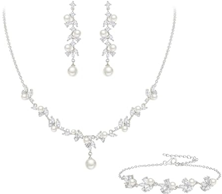 EleQueen Women's Simulated Pearl Wedding Jewelry Set, Cubic Zirconia Marquise Floral Bridal Necklace Earrings Bracelet Sets