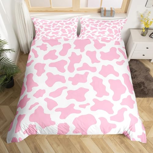 Kid Cartoon Bedding Set Pink Cow Print Duvet Cover Queen,Milk Cow Animal Cowhide Comforter Cover Farm Animals Quilt Cover for Toddler Teen Boys Girls Farmhouse Bull Cattle Kawaii Room Decor