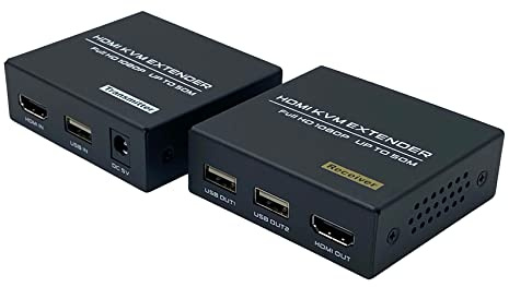 HDMI KVM USB Extender Over IP Cat5e/6, 1080P@60Hz HDMI Extender USB 50m mit Loop Out Funktion, Support Tastatur und Maus Steuerung Remote Singals