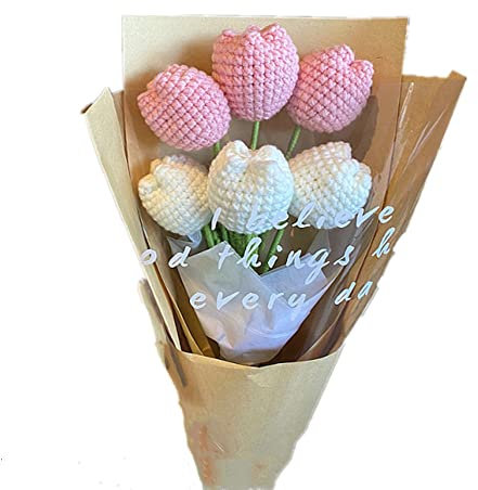 Super Idee 6er Set Gehäkelte Tulpe handgemachte Strickblumen Tulpenstrauß Gehäkelte Blumen Geschenk Geburtstag Geschenk für Freundin, Frauen Mama Ehefrau Muttertag (Pink weiß gemischt)