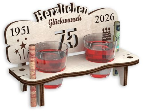 Urhome Schnapsbank mit Jahreszahl 75 Gravur zum Geburtstag, Jubiläum, Jahrestag aus Holz - 2 Schnapsgläser - 75 Jahre Hell Braun