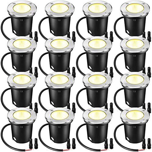 Yahenda 16 Pcs 3W LED Well Lights Low Voltage Outdoor Landscape In Ground Waterproof Outdoor 12V-24V Landscape Lighting Warm White for Floor Pathway Garden Driveway Patio Decors, 32 Connectors