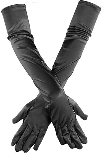 MUGANYI Damen-Handschuhe, Satin, lang, Ellenbogen, 1920er-Jahre, Gatsby-Opern-Kostüm, Bankett, Party, dehnbare Handschuhe, Schwarz, 52 cm