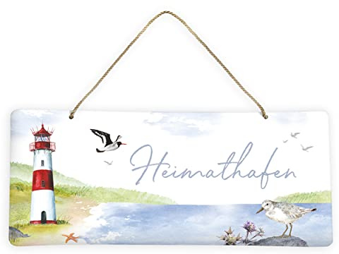 Blechschild zum Aufhängen I Metallschild mit Küstenmotiv Leuchtturm, Möwe und Dünen I Wanddeko Metall quer I Schöne Dekoration für die Haustür oder den Eingangsbereich