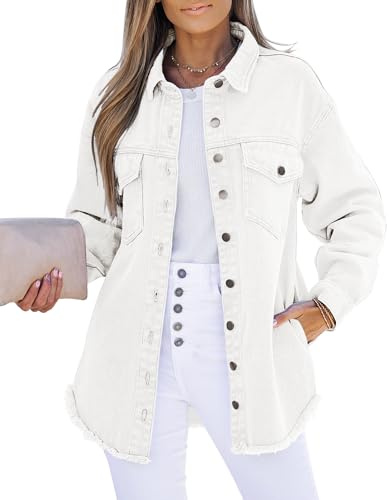 luvamia Chaqueta vaquera para mujer con botones, dobladillo deshilachado, chaqueta camisa de manga larga con bolsillos, chaquetas vaqueras oversize, Blanco Brillante, L