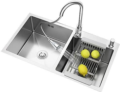 Küchenspülen Große Und Kleine Doppelbeckenspülen Spülbecken Für Obst Und Gemüse In Der Küche Einbauwaschbecken Silberne Edelstahlspüle (Color : Silver, S : 82 * 45 * 22cm)
