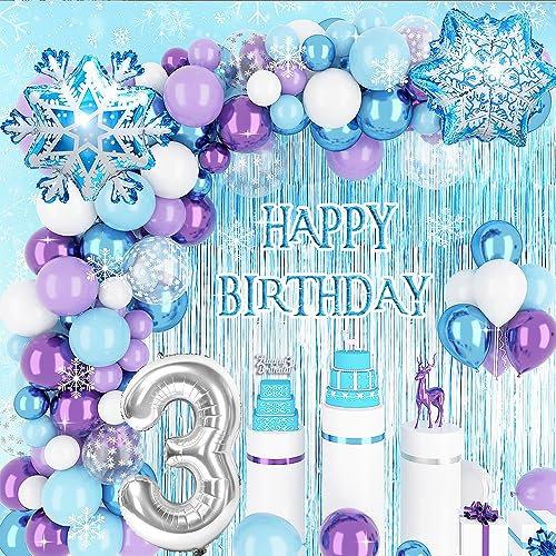 3rd Frozen Birthday Decorations Girls,Elsa Frozen Party Decorations with Purple Blue Balloon Arch,Curtain, Cake Topper, Large Foil 3 Number,Snowflake Foil Balloons for 3th Frozen Party Supplies
