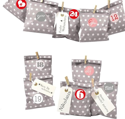 Frau WUNDERVoll® DIY Adventskalender zum Befüllen Bescherung, grau/taupe - weiße Sterne Papiertüten 13x16,5cm, Ziffern rosa rot/Weihnachten Aufkleber Advent Kalender Kinder Geschenkbeutel