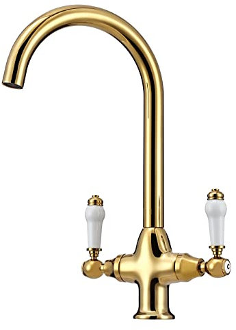 Traditional Kitchen Sink Mixer Tap with White Ceramic Dual Handle 360 Swivel Gooseneck Spout 1 Hole Faucet Taps Mixers Bright Gold