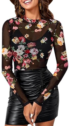 BemorRun Floral Mesh Long Sleeve Tops for Women Mock Neck See Through Fitted Sexy Going Out Top(Black Floral,XL)