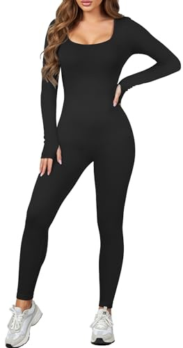 AURUZA Jumpsuits for Women Long Sleeve One Piece Jumpsuits for Women Jumpsuits Yoga Workout Seamless Jumpsuits Rompers Ribbed Exercise Tummy Control Romper square Neck Leggings Romper，Black，M