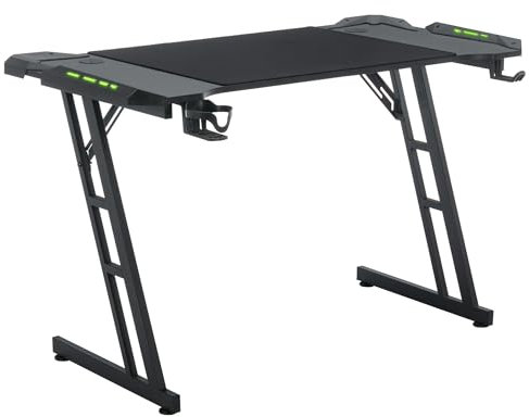 UISEBRT Gaming Tisch mit LED - 140x60x74cm Gaming Schreibtisch LED Computertisch mit Kohlefaseroberfläche Ergonomischer Spieltisch bis 150KG für Schlafzimmer Büro