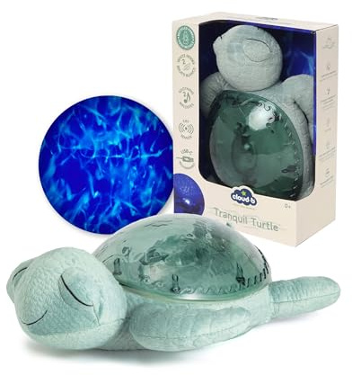 Cloud b Veilleuse projecteur océan avec 2 bruits blancs et 2 sons apaisants | Réglages réglables et arrêt automatique | Capteur de cri | Tissu recyclé | Tortue tranquille – Vert (rechargeable)