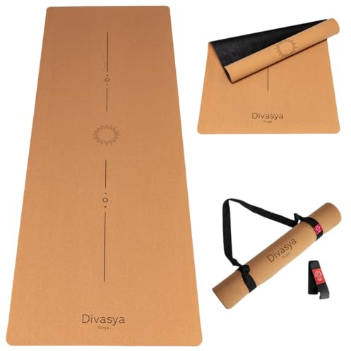 DIVASYA Premium Yogamatte Kork | Naturkautschuk & Kork | inkl. Tragegurt | Yoga Matte Kork: natürlich rutschfest | robust & langlebig | 183 x 66 x 0,4cm | inkl. Tragegurt | Yoga Matte rutschfest