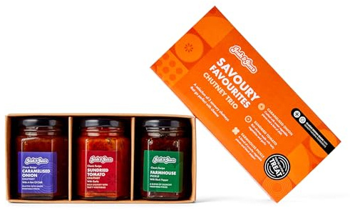 Josh & Jim's - Savoury Chutney Trio, Caramelised Onion, Farmhouse Pickle, Sundried Tomato, British Classic, Low-Salt, Vegan, 290g Gift Pack | Caramelised Onion, Farmhouse Pickle, Sundried Tomato, British Classic, Low-Salt, Vegan