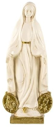 Figura Virgen Milagrosa medallas Resina Pintado a Mano Crema y Dorado 20 cm