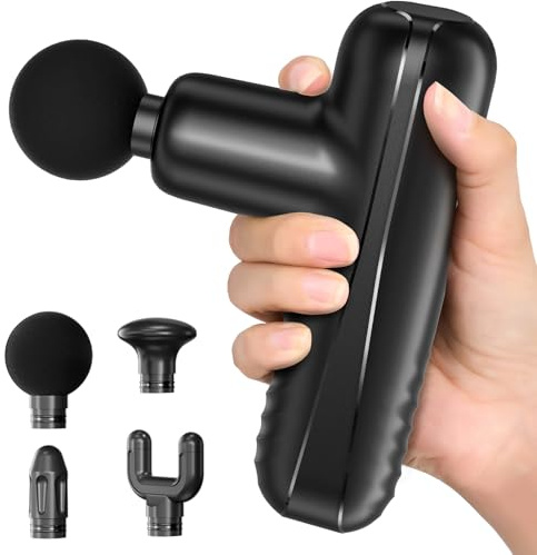 PENJOY Mini Massage Gun, Powerful Handheld Muscle Massager for Muscle Relaxation, Deep Tissue Percussion Small Massage Gun Travel Massager with 4 Massage Heads Silent Brushless Motor, Black