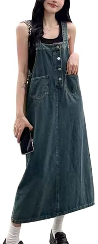 Yishengwan Donna Lunga Vestito Salopette Jeans Larghi Gonna Denim Vestiti Overall Taglia Grande con Tasche Blu Denim XL