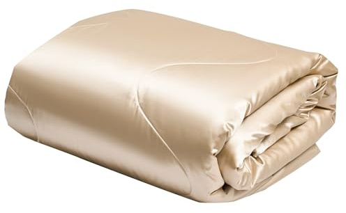 YASMENG Satin Bettdecke 200x200 Beige Sommerdecke 200x200 200 GSM Seidige Seide Sommerdecke Satin Leicht Weich Glatt Glänzend Deluxe Steppdecke für Sommer mit 2 Kissenbezüge 80x80 cm