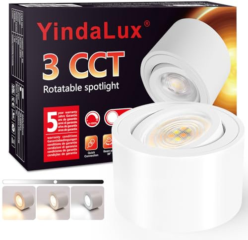 YindaLux 3CCT LED Surface-Mounted Spotlight, White, Extra Flat & 30° Swivelling, Diameter 80 x 50 mm, Surface-Mounted Ceiling Spotlights, Includes 5 W 500 LM Dimmable Module 230 V - Ceiling Spotlights