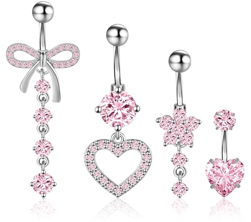 Meng Jiaran 4PCS Pink Belly Button Bars Stainless Steel Dangly Belly Button Piercing Rings Hypoallergenic 14G Heart Bow Navel Jewelry for Women & Girls