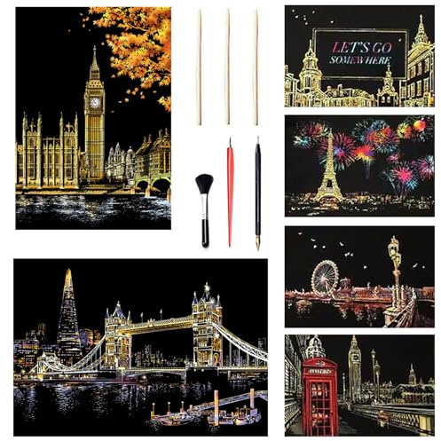 Georgie Porgy Kratzbilder Set DIY Bastelsets für Kinder Erwachsene Magic Rainbow A3 Kratzpapier Postkarten für Weihnachten Geburtstagsgeschenk mit Kratzwerkzeuge Kit (A3-Tower Bridge+Big Ben)