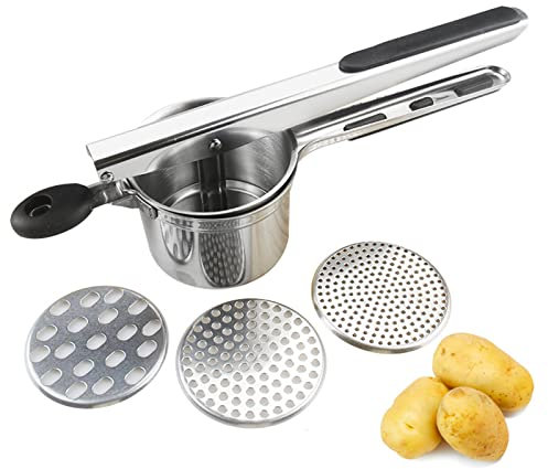 Zjyufy Presse-purée manuel en acier inoxydable avec 3 disques interchangeables, accessoire cuisine avec poignée en silicone pour purée lisse et crémeuse, fruits, ignames, etc
