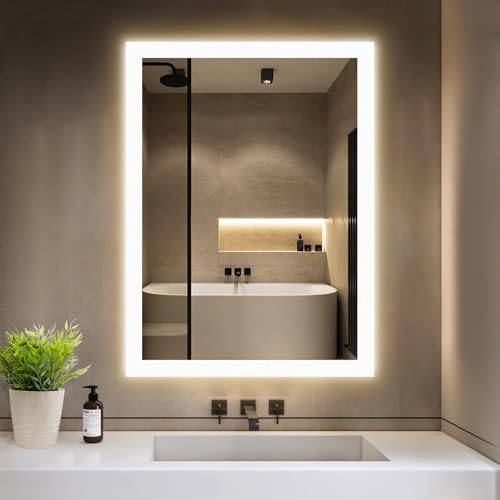 GIMBELEN BadSpiegel mit Beleuchtung, 50x70cm Badezimmer Spiegel mit Beleuchtung, Kaltweiß 6500K, Explosionssicheres Glas, Speicherfunktion, Led Bad Spiegel mit Licht, Wandschalter