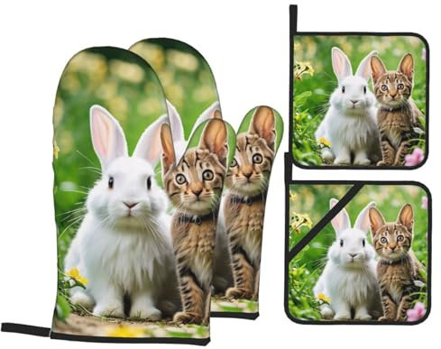 Set di 4 guanti da forno e presine con stampa di coniglio e gatto, guanti resistenti al calore, accessori da cucina resistenti al calore