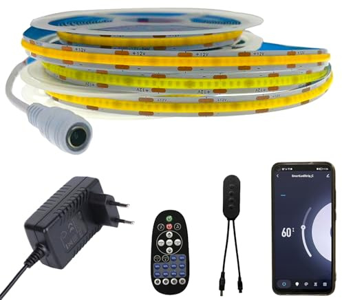 FOLGEMIR Tira de LED COB 2m Blanco Neutro 4000K dimmable, controladas por WIFI con Mando Distancia IR y Fuente Alimentación 12V, autoadhesiva, IP20, compatible con APP Tuya