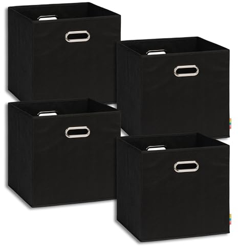 Storanda | 4er Set Aufbewahrungsbox 33x33x32.5 cm | Breite Griffe auf zwei Seiten | Stabil & Faltbar | Regalbox für Würfelregal | Ideal für Zuhause & Kinderzimmer | Schwarz