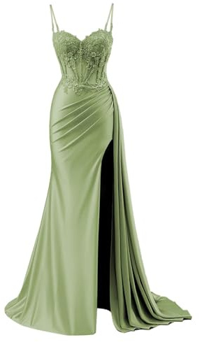YIANN Robes de bal en satin à col en V pour femmes 2025 Robe de soirée formelle sirène avec fente, vert sauge, 36