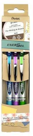 Pentel EnerGelXM BL77 gelpenna med tryckmekanik + gratis MT Washi tejp, skrivfärger: ljusgrön/ljusblå/lila