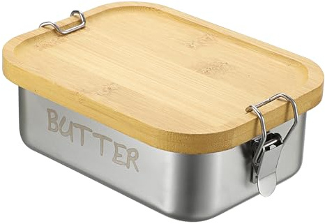 SUMNACON Butterbox mit Bambusdeckel, Butterdose aus Edelstahl, Mikrowellen-/Spülmaschinenfest Butterschale mit Schnalle, Versiegelte Butterglocke für Haushalt und Küche, Silber 850ml