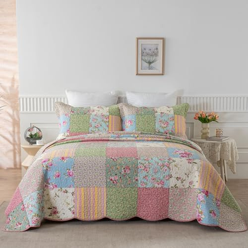 YAYIDAY Quilts Queen Size Patchwork Bedspread Set - 100% Cotton Reversible Breathable Floral Quilted Quilt with Pillow Shams Fit All Season