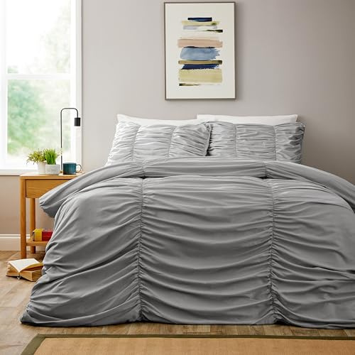 Olivia Rocco Ruched Duvet Cover Set with Pillowcases Ruffles Bedding Super Soft Easy Care Quilt Covers Bed Linen Sets, Grey Double