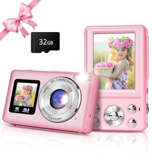 Ainiv Digitalkamera 4K 48MP FHD Fotokamera für Kinder Fotoapparat 18X Digitalzoom Fotokamera Kompaktkamera, 32GB SD Karte für Kinder Teenager Anfänger, Rosa