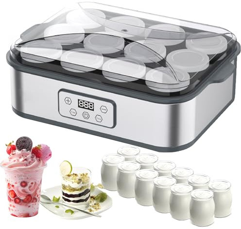 Máquina automática para hacer yogurt con pantalla LCD, control de temperatura y tiempo ajustable, 12 tarros de vidrio incluidos, ideal para hacer yogur, vino de arroz, natto, regalo de estilo de vida
