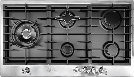 Gurari Gaskochfeld 90 cm Edelstahl/Schwarz TY905VPGC +Kaffeadapter Einbau Gasherd mit 5 Flammen • WOK-Brenner 4,0 kW • Erdgas & Propan (FL.Gas) • Massive Gusseisenroste • Modernes Design