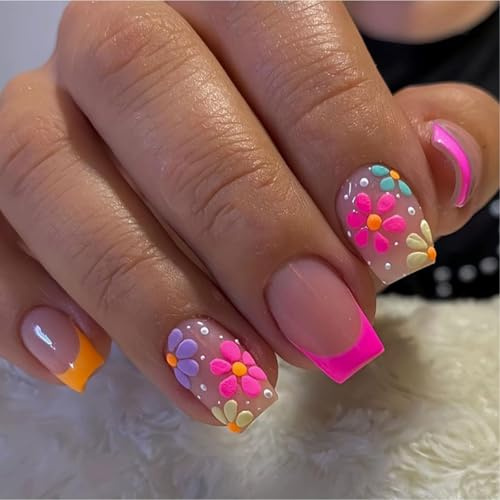 Short Square Press-On False Nails, Floral French Tips, 24 Pieces, 12 Sizes | Glossy Translucent Nude-Pink Base, Raised Multicolour Flowers, Jelly Adhesive Tabs, For Home Manicures And Bright Outfits