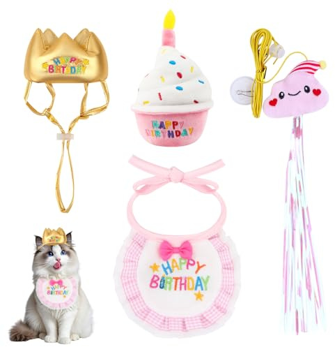 Katzengeburtstag Fotodeko Set - 4-teiliges Komplettset mit Krone, Latz, Quietschkuchen & Türangel Spielzeug für lustige Fotosession und Geburtstagsfeier Katzen(Rosa)