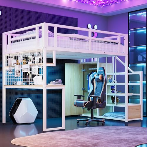 Kinderbett Etagenbett 140x200, Hochbett Metallbett mit Aufbewahrungsleiter&Kleiderschrank&Tisch&Regal&Netzregal, Funktionsbett Doppelbett Jugendbett Spielbett mit Rausfallschutz, Ohne Matratze, Weiß