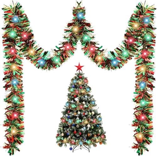 Weihnachtsgirlande mit Beleuchtung 5m Girlande Weihnachten Beleuchte Weihnachtsbaum Lametta Girlande mit LED Lichtergirlande Christmas Garland with Lights für Innen & Außen