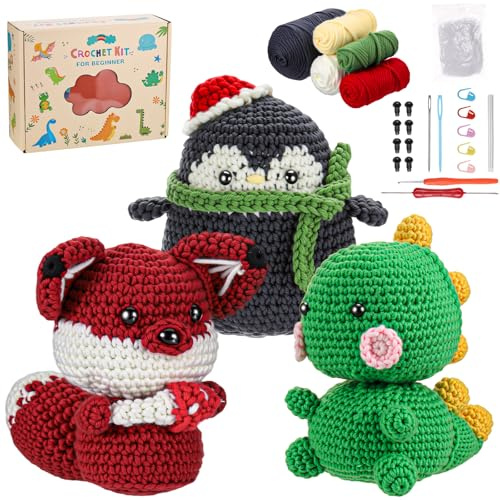 Häkelset für Anfänger Kinder - 3 Pcs Tiere Häckel Kit für Kinder Erwachsene | Amigurumi Strickset mit Schritt-für-Schritt Video Tutorials, DIY Crochet Set, Starter Häkeln Lernen, Häkel Set Geschenke