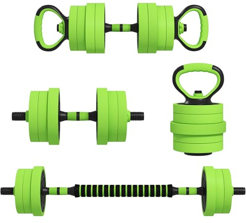 SPORTNOW Set Pesi da Palestra 4 in 1 da 20kg Totali in Plastica e Sabbia, Set Manubri Regolabili Utilizzabile come Kettlebell, 2 Manubri, Bilanciere e Supporto per Flessioni, Verde