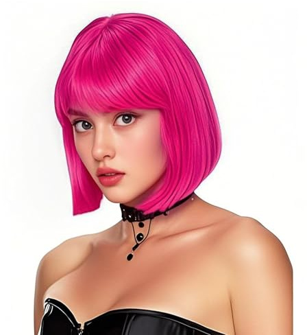 PARXITN Bob-peruk med lugg, Knalligt rosa peruk 28 cm, syntetiskt hår, axel längd, Party Cosplay Halloween Karneval Fasching, vågig peruk för kvinnor damer